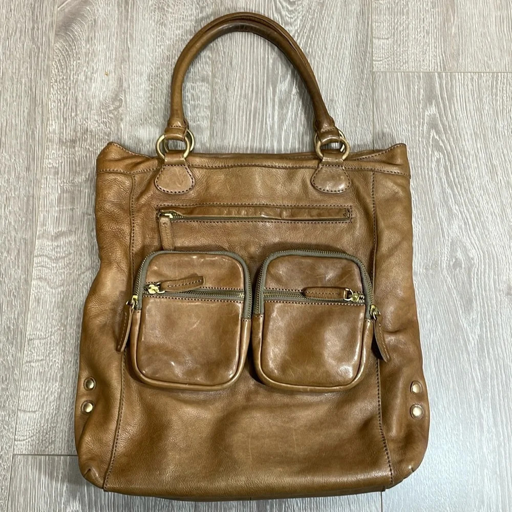 Leather Tote Bag with Front Pockets - Brown